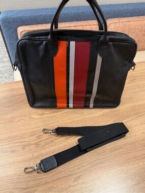 Longchamp Black Leather Laptop Bag with Orange, Red and Gray Stripes